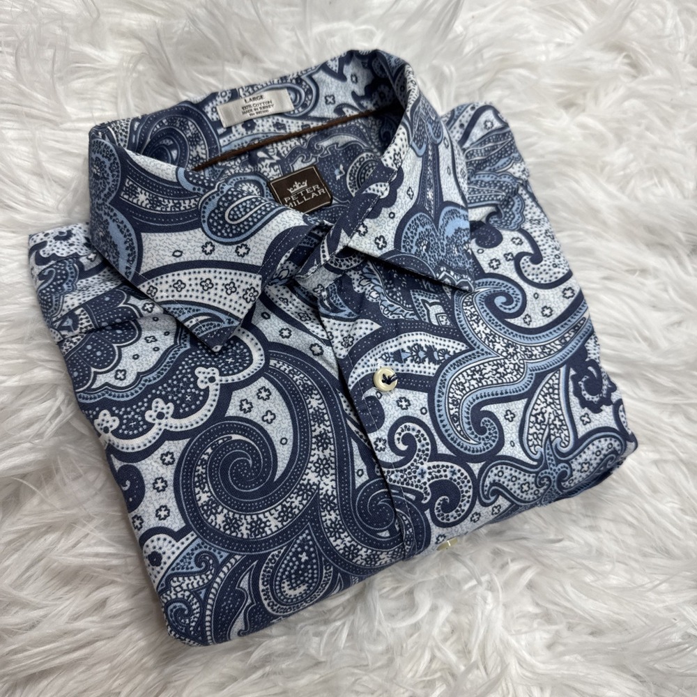 PETER MILLAR Exclusive Shirt Long Sleeve Button Down Mens Large Blue Paisley AOP